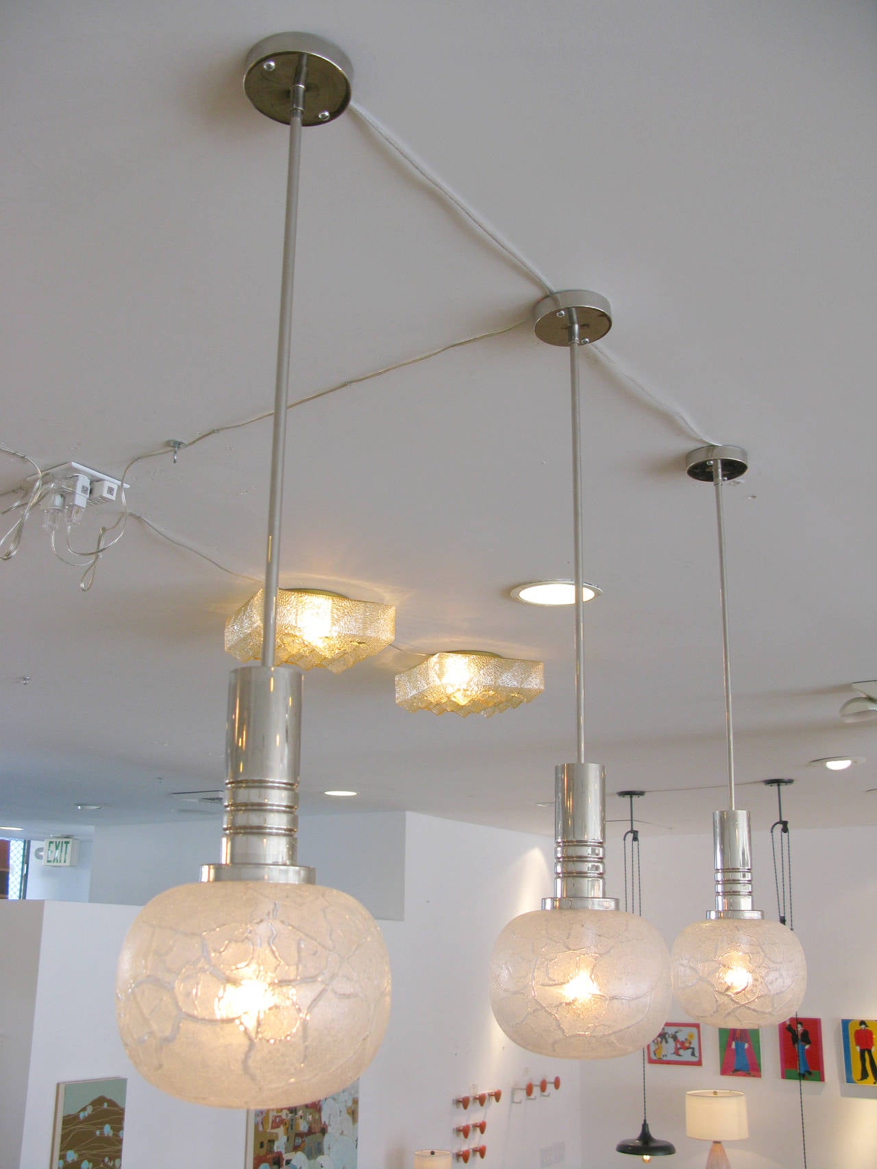 Trio of Crackled Ice Glass Pendant Lights 3