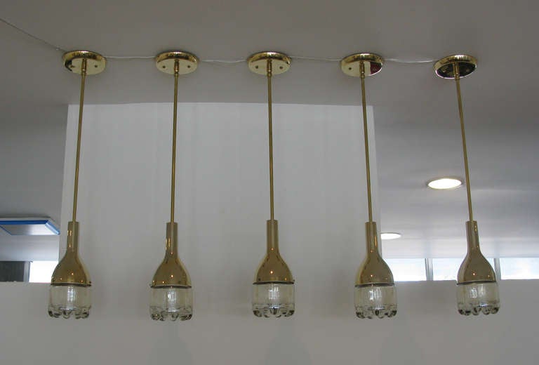 German Set of 5 Brass & Glass Pendant Lights