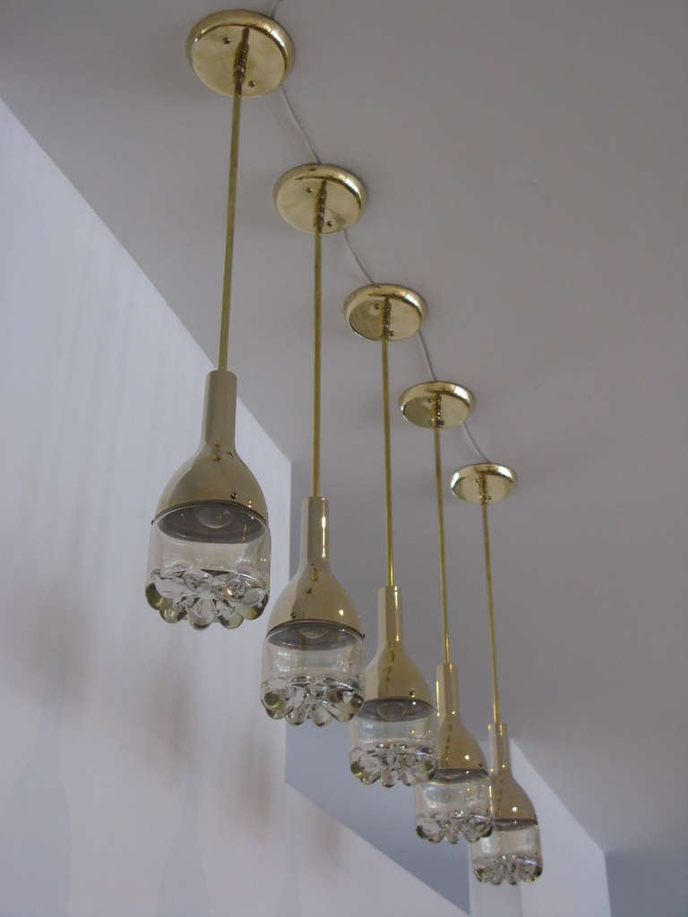 Mid-20th Century Set of 5 Brass & Glass Pendant Lights