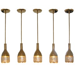 Set of 5 Brass & Glass Pendant Lights