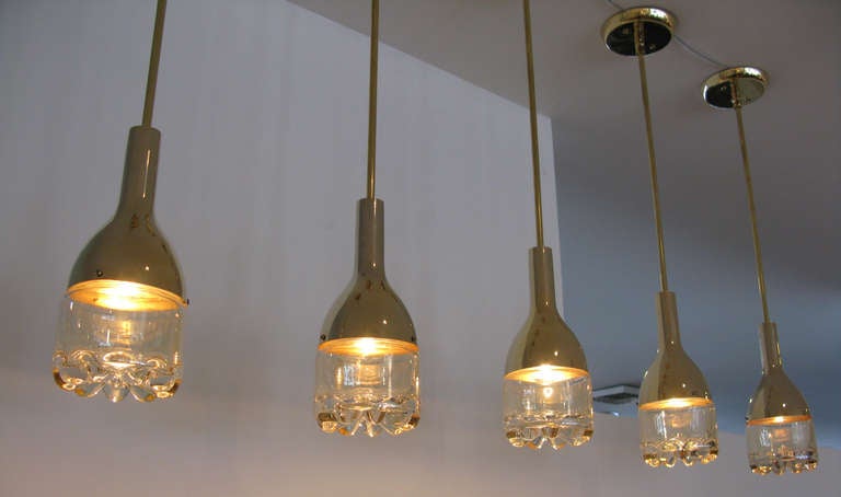 Set of 5 Brass & Glass Pendant Lights In Excellent Condition In Los Angeles, CA
