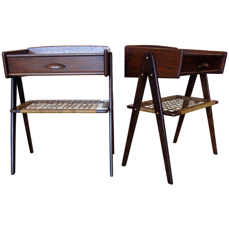 Pair of Teak Night Stands with Caned Shelves