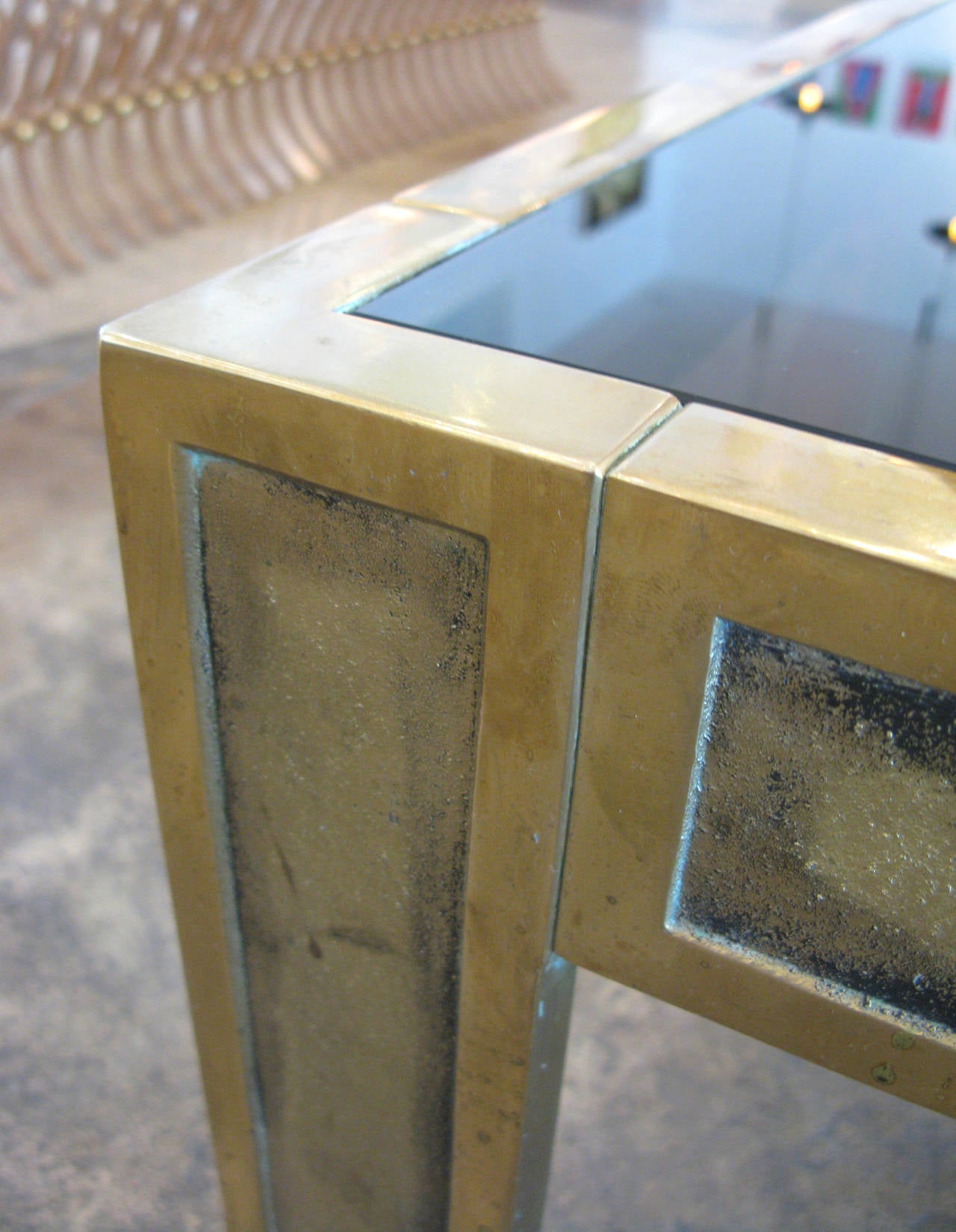 Pair of Aged Brass and Glass Side Tables 1