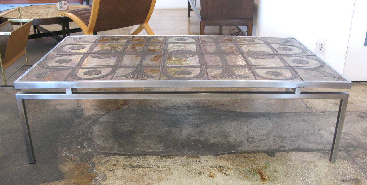 Rare metal framed coffee table with inlaid tile top by Ox-Art. Signed 