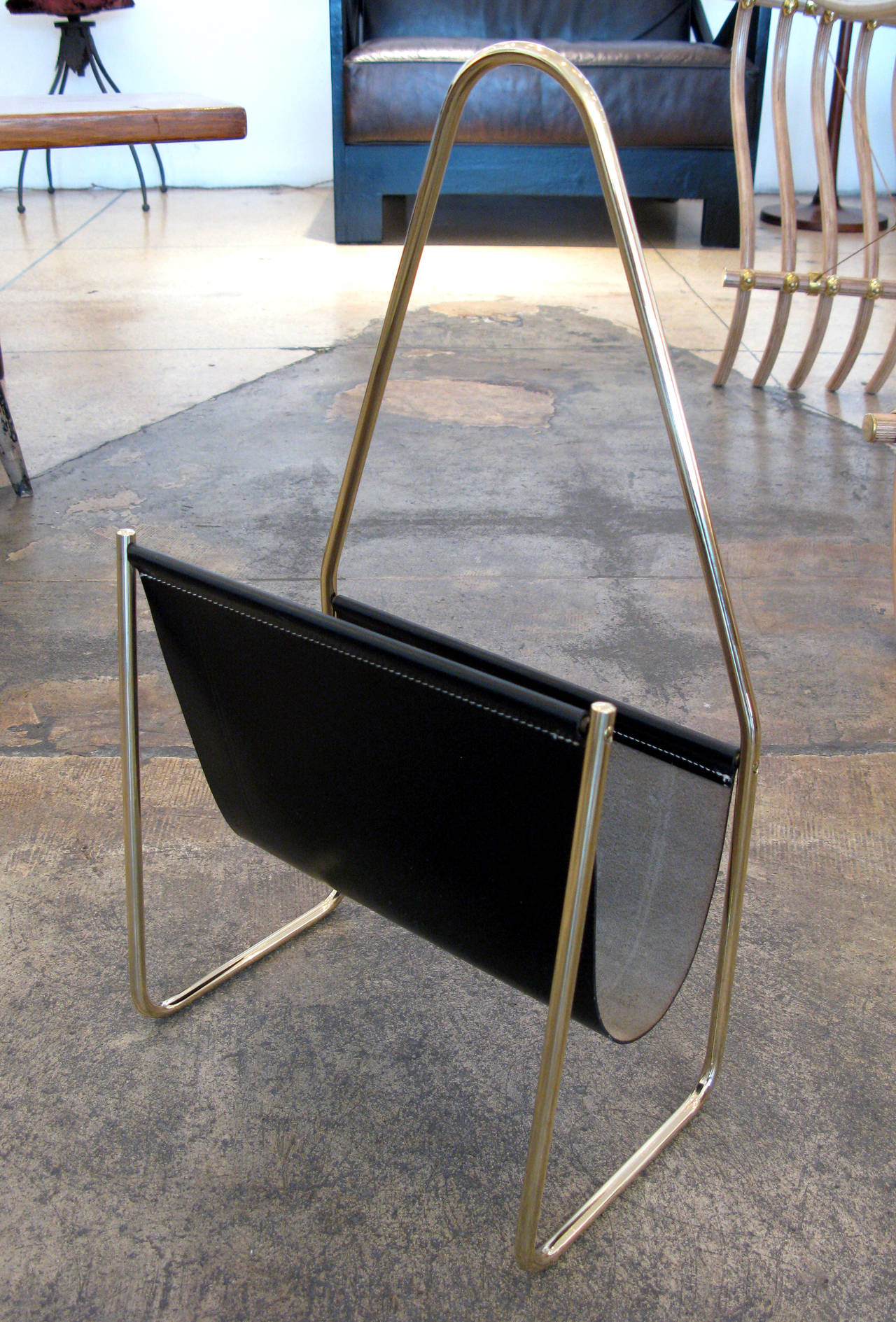 Carl Auböck Brass and Leather Magazine Rack #1 In Excellent Condition In Los Angeles, CA