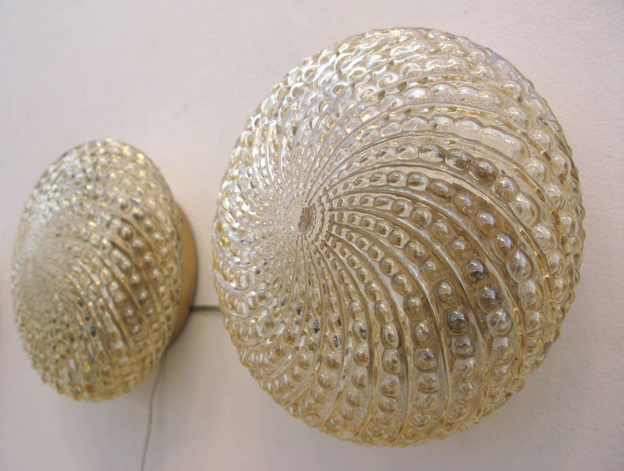 Pair of Round Amber Bubbled Swirl Sconces