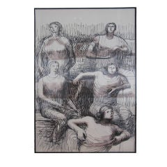 Original Framed Henry Moore Sketch - 5 Women Lounging