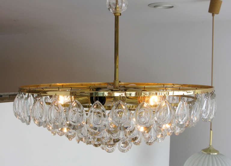 Large Palwa Glass & Brass Chandelier In Excellent Condition In Los Angeles, CA