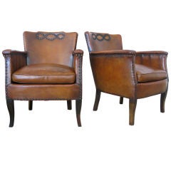 Pair of Aged Brown Leather Armchairs
