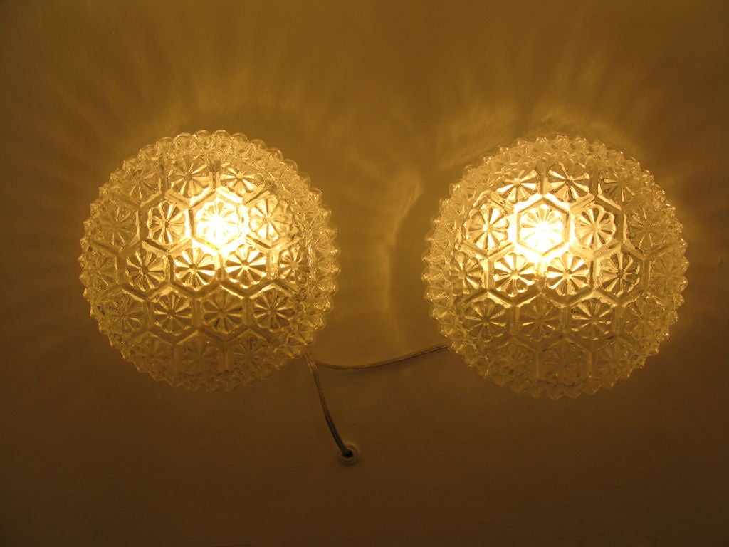 Pair of Round Clear Textured Glass Sconces