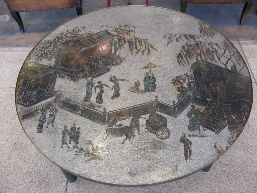 Laverne Etched Bronze, Round Coffee Table In Excellent Condition In Los Angeles, CA