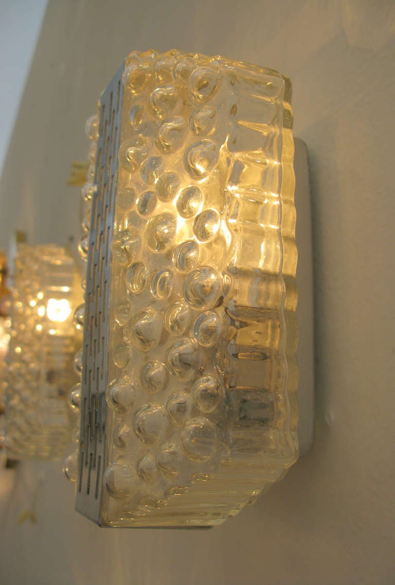 German Pair of Bubbled Glass & Polished Nickel Sconces