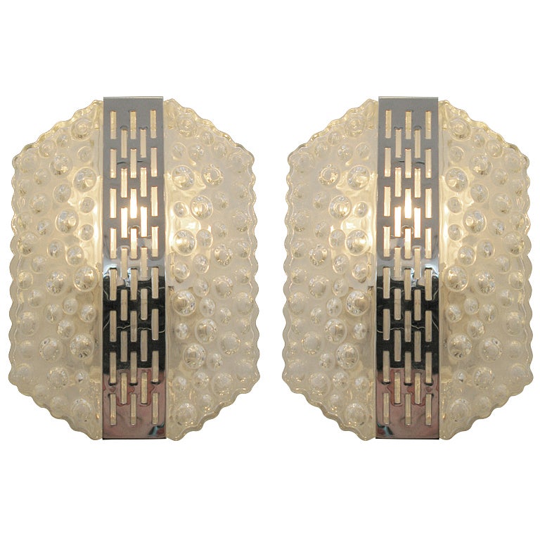 Pair of Bubbled Glass & Polished Nickel Sconces