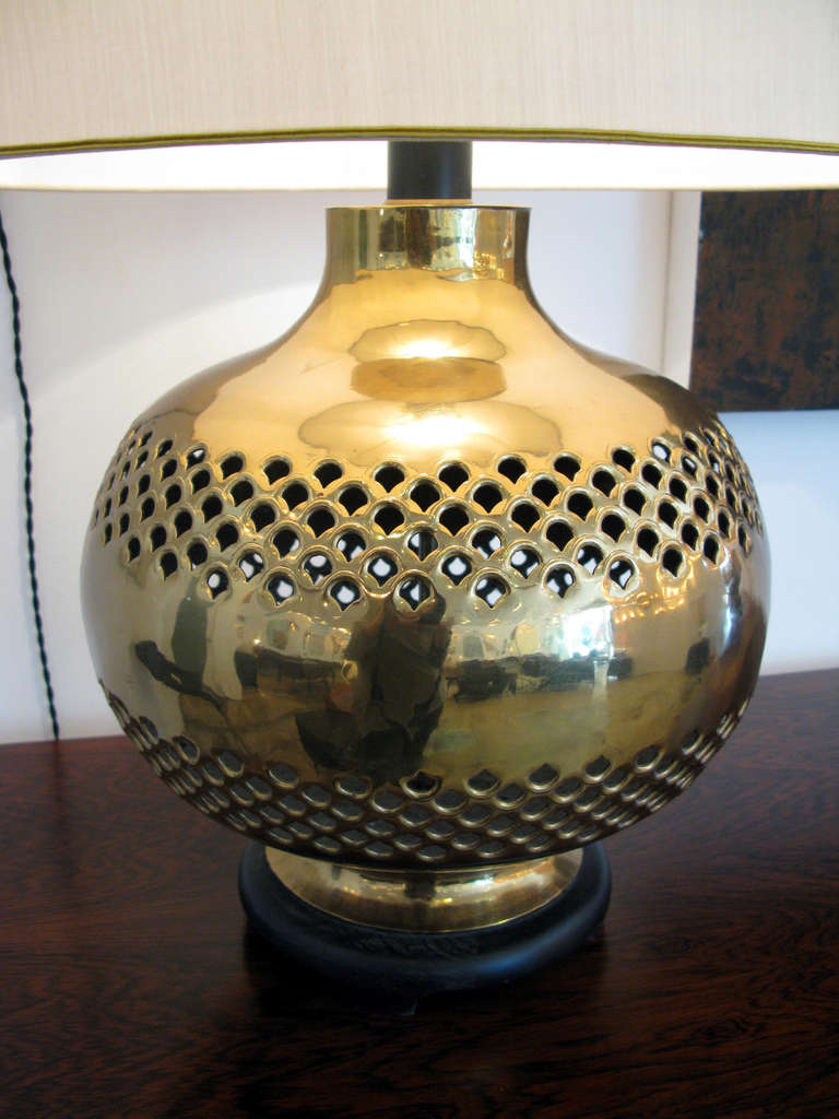 Mid-20th Century Pair of Pierced Brass Table Lamps