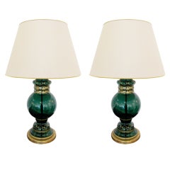 Pair of Green 
Gold Glass Lamps