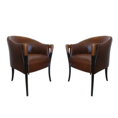 Vintage Pair of Umberto Assnago Leather & Wood Armchairs