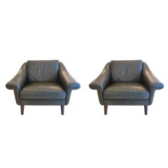 Pair of Dark Olive Leather Lounge Chairs