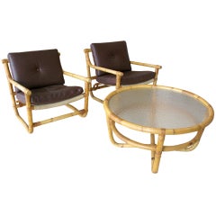 Pair of Bamboo & Leather Chairs w/ Table