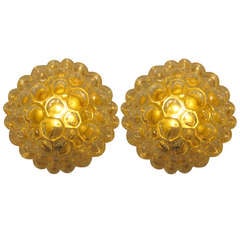 Pair of Round Bubbled Amber Glass Sconces
