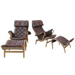 Pair of Bruno Mathsson "Pernilla" Lounge Chairs with Ottomans