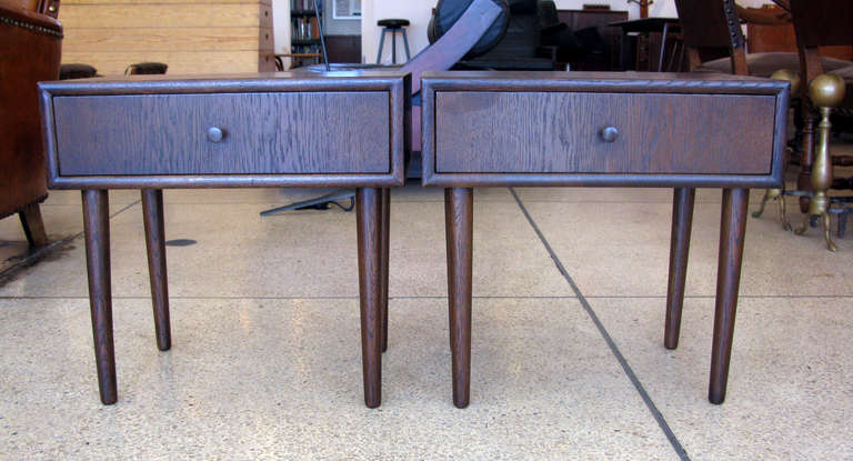 Pair of simple Danish oak end tables finished in a dark chocolate brown.  Single drawer in each.

* ON SALE - 65% OFF.  Originally $2400.  LIMITED TIME ONLY.  No further discounts apply.