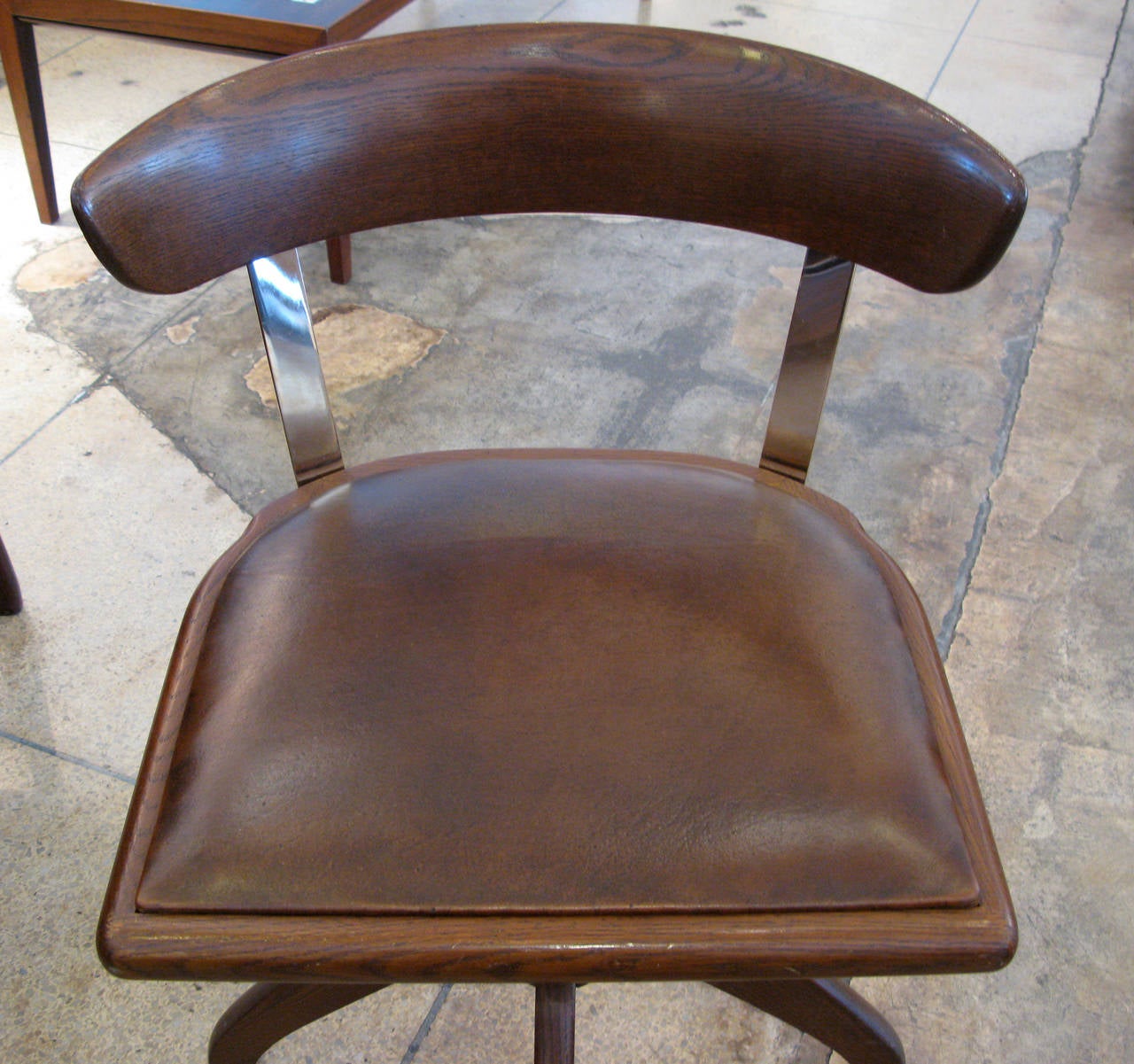 Danish Single Oak, Bronze and Leather Desk Chair