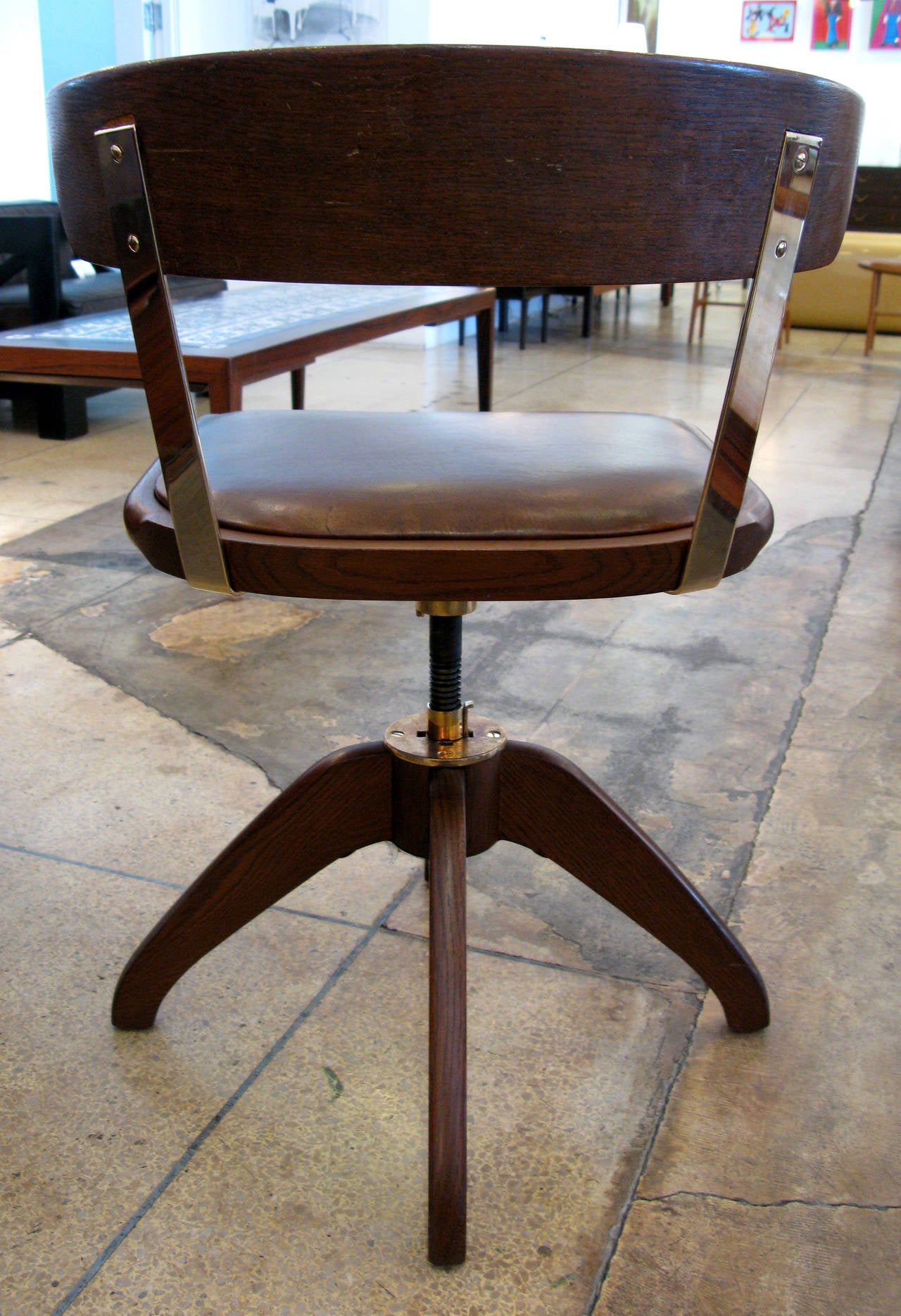 Mid-20th Century Single Oak, Bronze and Leather Desk Chair