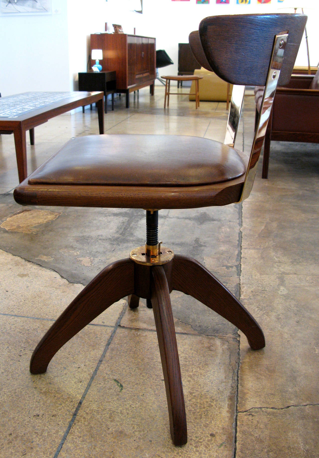 Single Oak, Bronze and Leather Desk Chair In Excellent Condition In Los Angeles, CA