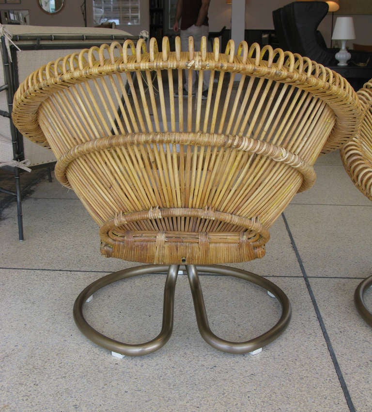 Mid-20th Century Pair of Rattan & Steel Swivel Chairs