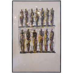 Original Framed Henry Moore Sketch - Standing Figures w/ Color