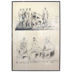 Original Framed Henry Moore Sketch - Abstract Figures in 2 Scenes