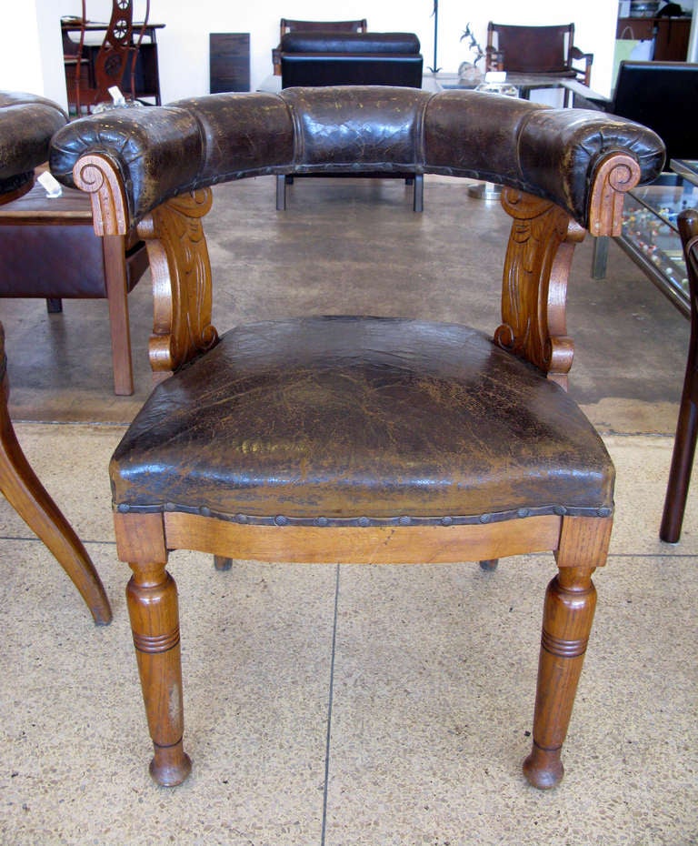 Danish Pair of Aged Leather & Oak Armchairs
