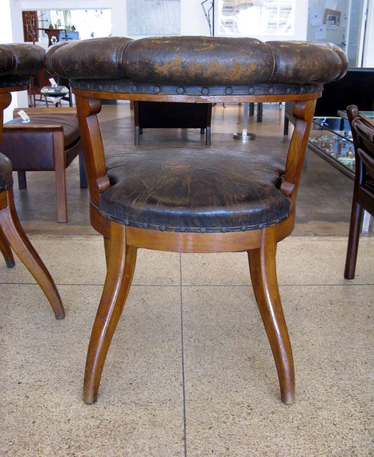 Pair of Aged Leather & Oak Armchairs 1