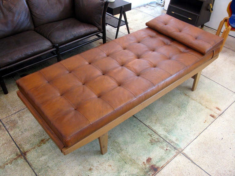 Poul Volther Wood & Aged Leather Daybed In Excellent Condition In Los Angeles, CA
