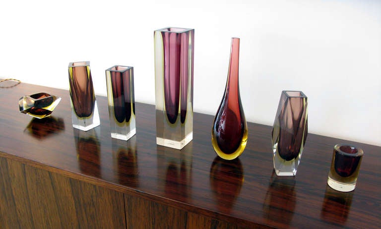 Italian 7 Piece Murano Sommerso Glass Set