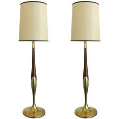 Vintage Pair of Danish Walnut and Brass Table Lamps