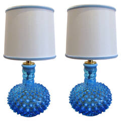 Vintage Pair of Petite Fenton Art Glass Aqua Blue Hobnail Lamps