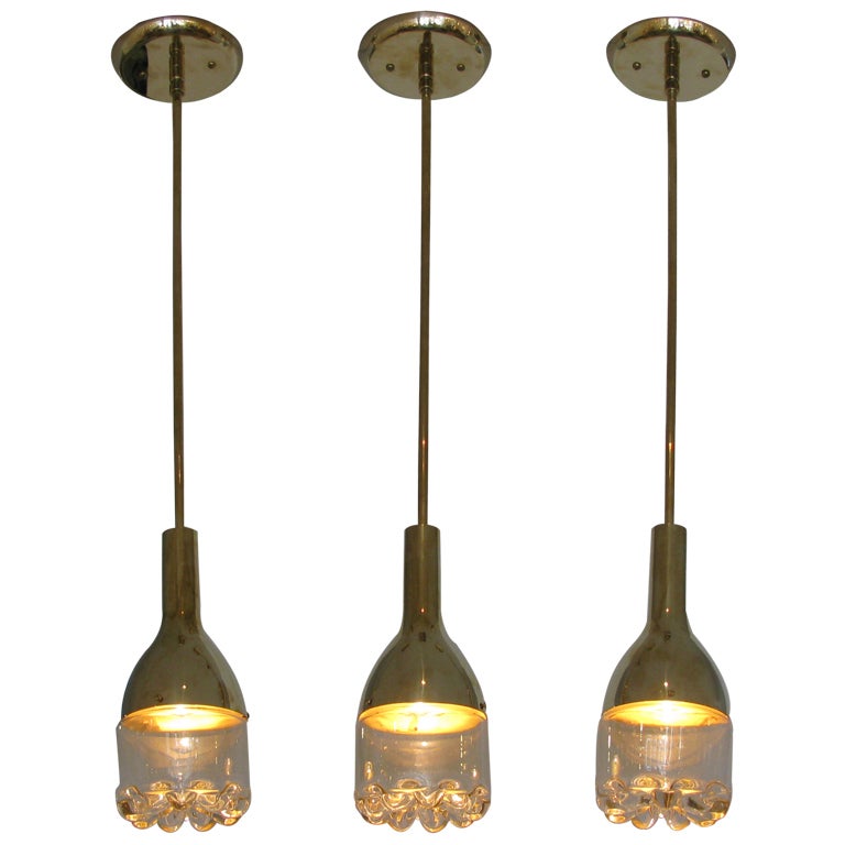 Set of 3 Brass and Glass Pendant Lights at 1stDibs