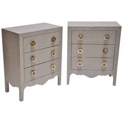Pair of Small Grasscloth Clad Dressers or Nightstands with Brass Pulls