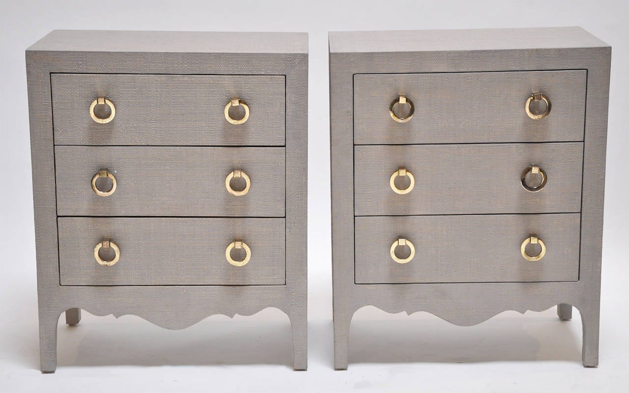 Mid-Century Modern Pair of Small Grasscloth Clad Dressers or Nightstands with Brass Pulls