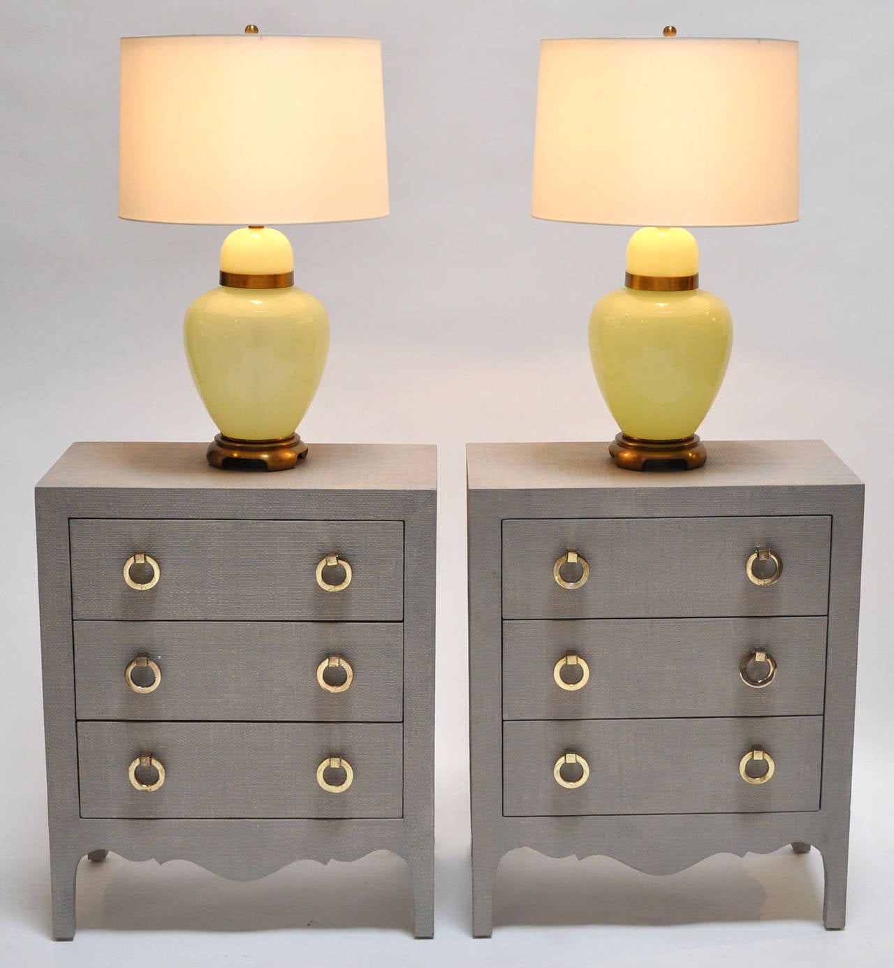 Cast Pair of Small Grasscloth Clad Dressers or Nightstands with Brass Pulls