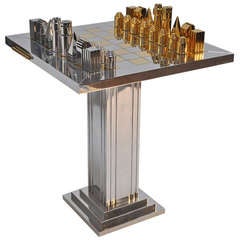 1970s Polished Aluminum and Brass Chess Table and Pieces