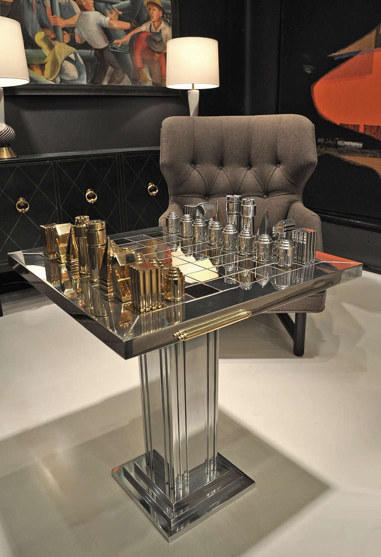 1970s Polished Aluminum and Brass Chess Table and Pieces In Excellent Condition In TUJUNGA, CA
