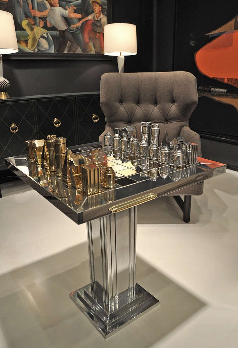 1970s Polished Aluminum and Brass Chess Table and Pieces In Excellent Condition In Los Angeles, CA