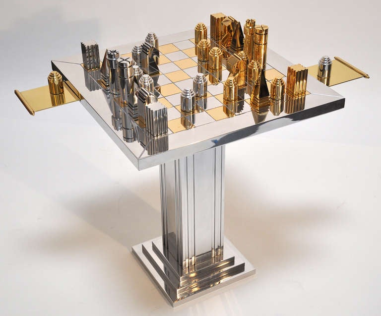 Modern 1970s Polished Aluminum and Brass Chess Table and Pieces
