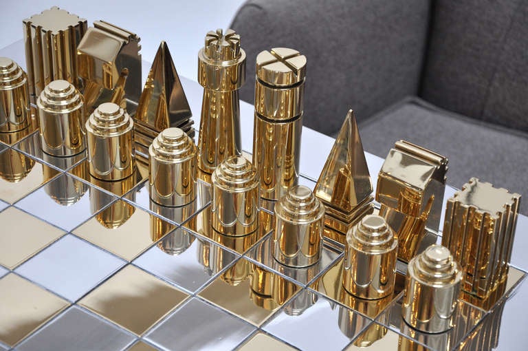 American 1970s Polished Aluminum and Brass Chess Table and Pieces
