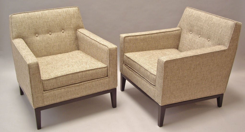 Pair of upholstered arm chairs designed by Edward Wormley for Dunbar Furniture. <br />
Price is for the pair