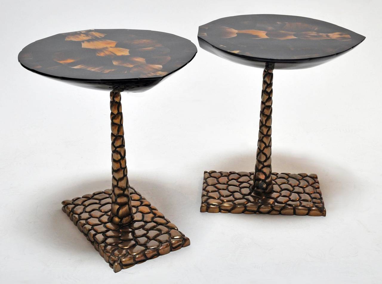 Appliqué Pair of Horn and Brass Side Tables