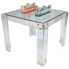 1970s Lucite and Glass Game Table with Lucite Chess Pieces