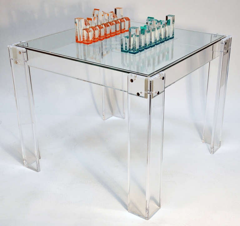 Mid-Century Modern 1970s Lucite and Glass Game Table with Lucite Chess Pieces